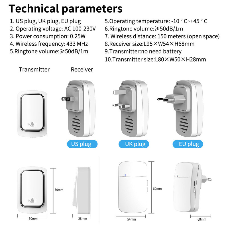Doorbell Remote Control Wall Outlet Self Powered Waterproof 150M Remote Control Light Lamp Socket