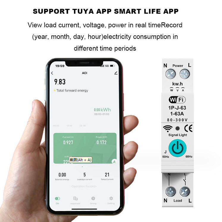 Tuya WiFi Smart Circuit Breaker Switch Single Phase Metering Over Current Remote Mobile Control Timer multiple functions