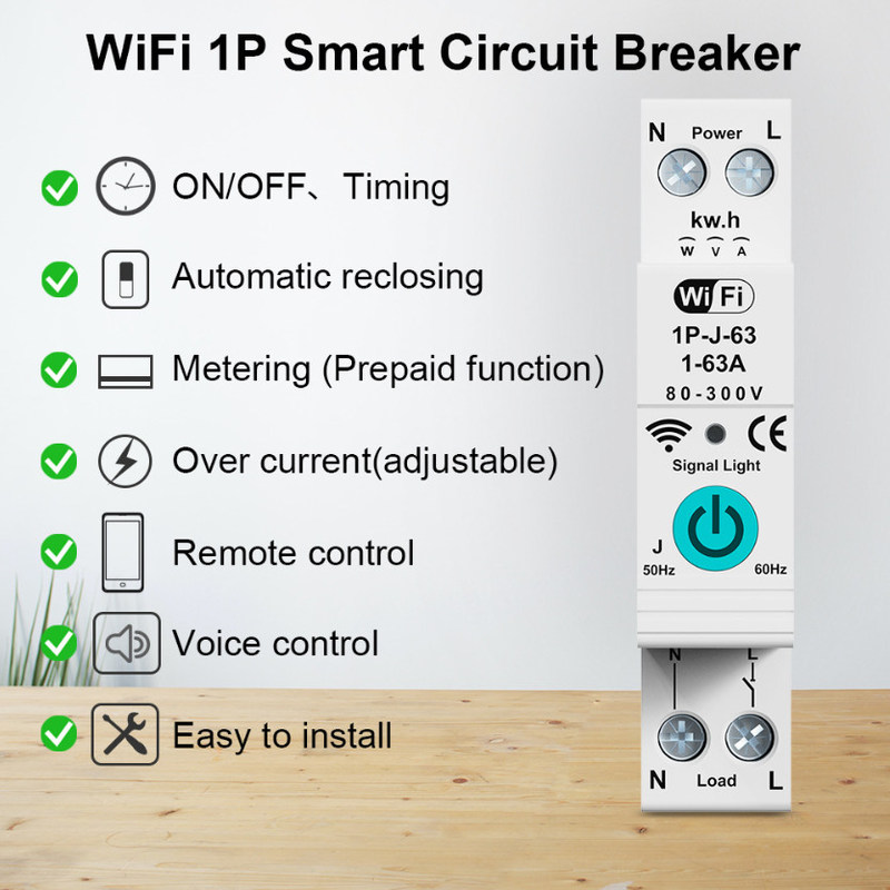 Tuya WiFi Smart Circuit Breaker Switch Single Phase Metering Over Current Remote Mobile Control Timer multiple functions