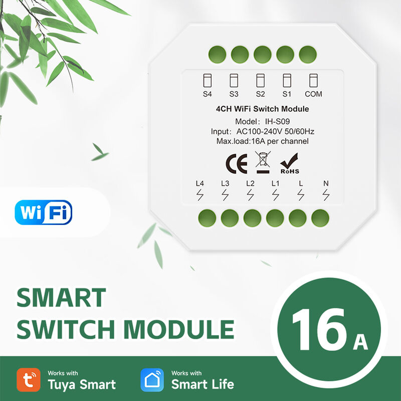 Tuya 4 Gang WiFi Smart Relay Switch Module 16A, Hidden In-wall Smart Switch, Voice & APP Remote Control