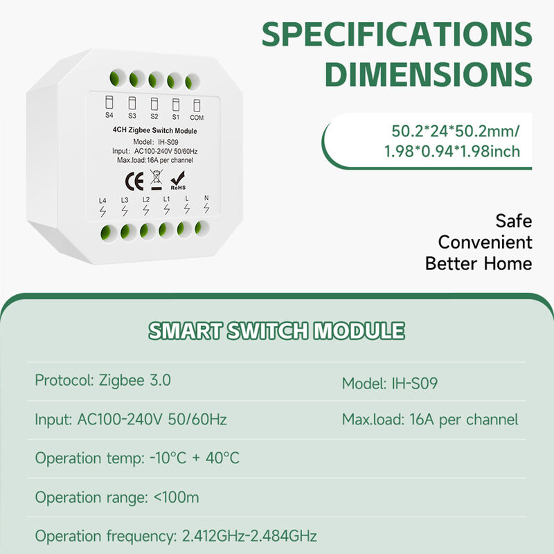 Tuya Zigbee3.0 4CH Smart Switch Module 16A, Hidden In-wall Smart Relay with Timer, Scene Linkage & Power-off Memory