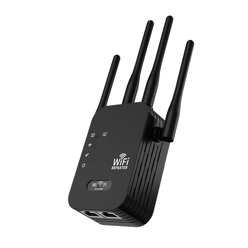 1200Mbps WiFi Extender Signal Booster, Dual Band 5G/2.4G Wireless Repeater with 4 Antennas, Dual Ethernet Ports, Wall-Through Coverage for Home & Office (Black/White)